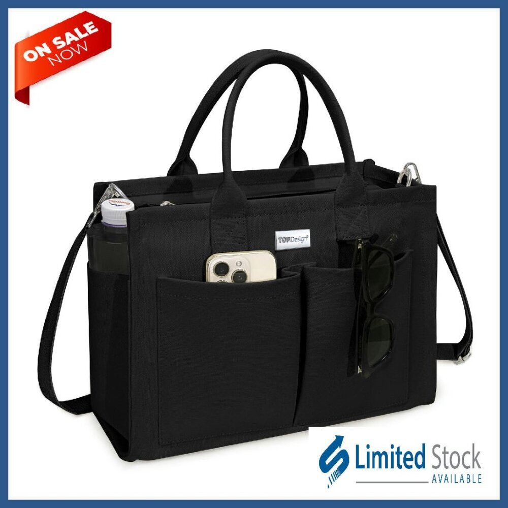 Heavy-Duty Canvas Tote Bag with 9 Pockets, Adjustable Crossbody Strap